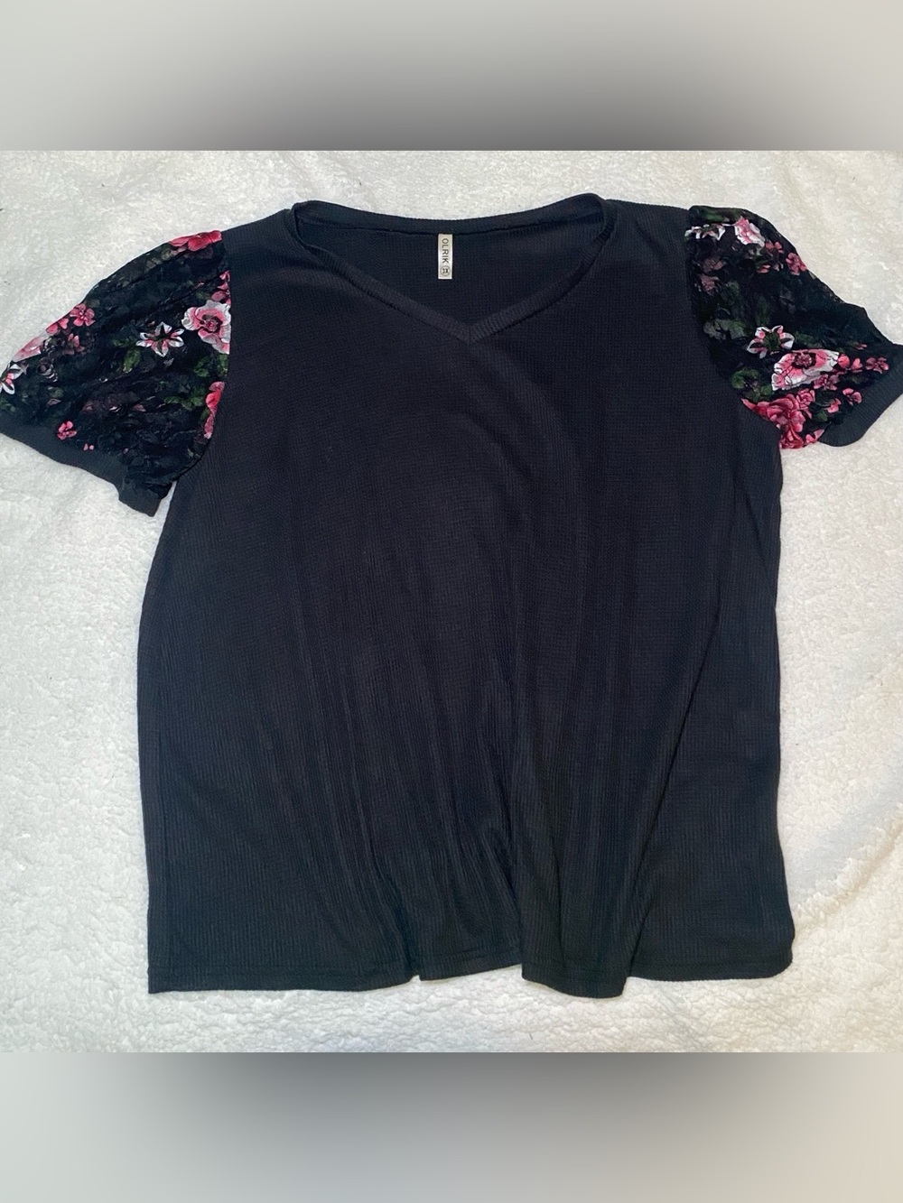 Black Floral Sleeve V-Neck Womens Top -